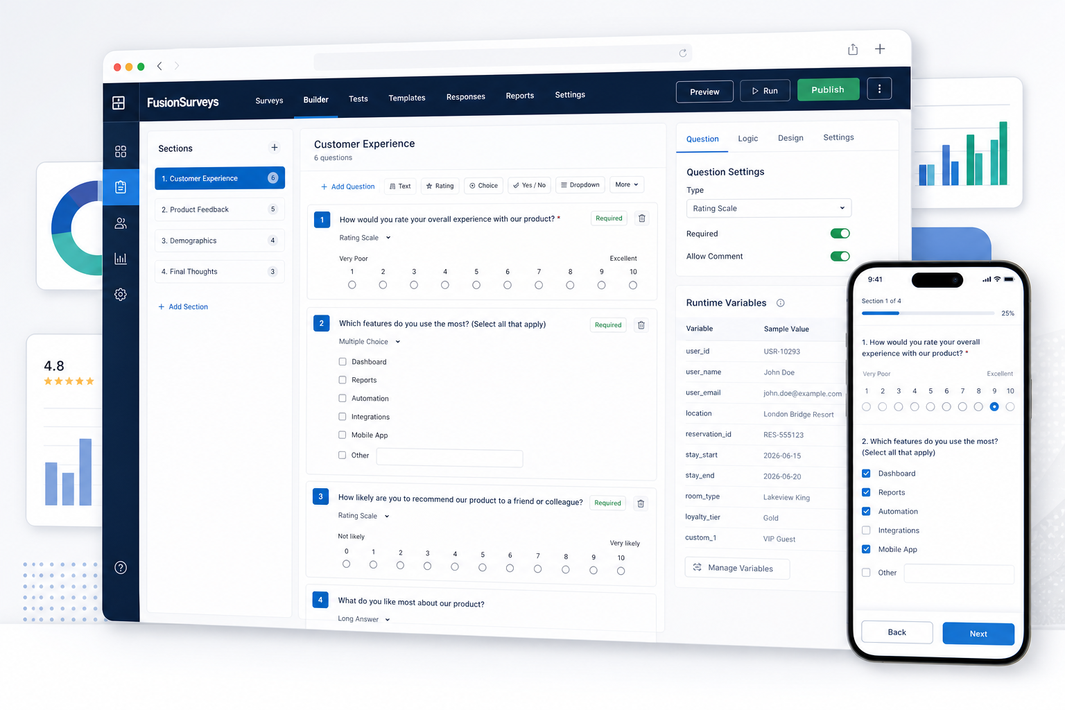 FusionSurveys builder interface with survey preview and runtime variables